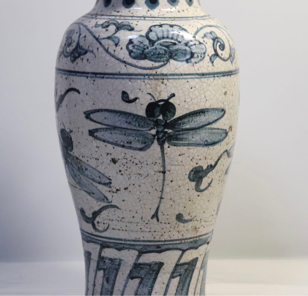 古安南　蜻蛉　染付瓶　アンティーク　送料込み1123