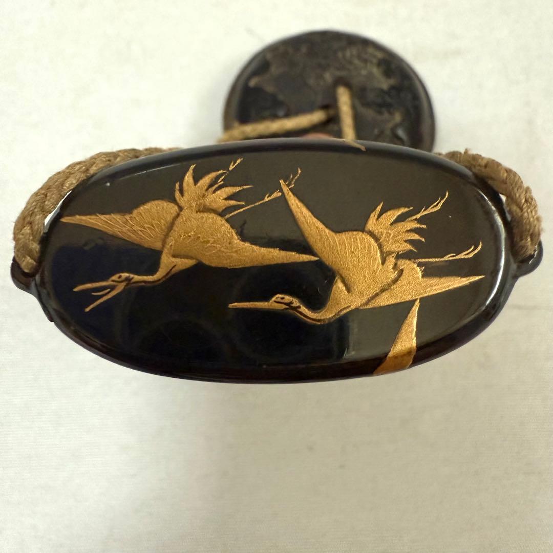 時代物　波に鶴　蒔絵印籠　根付