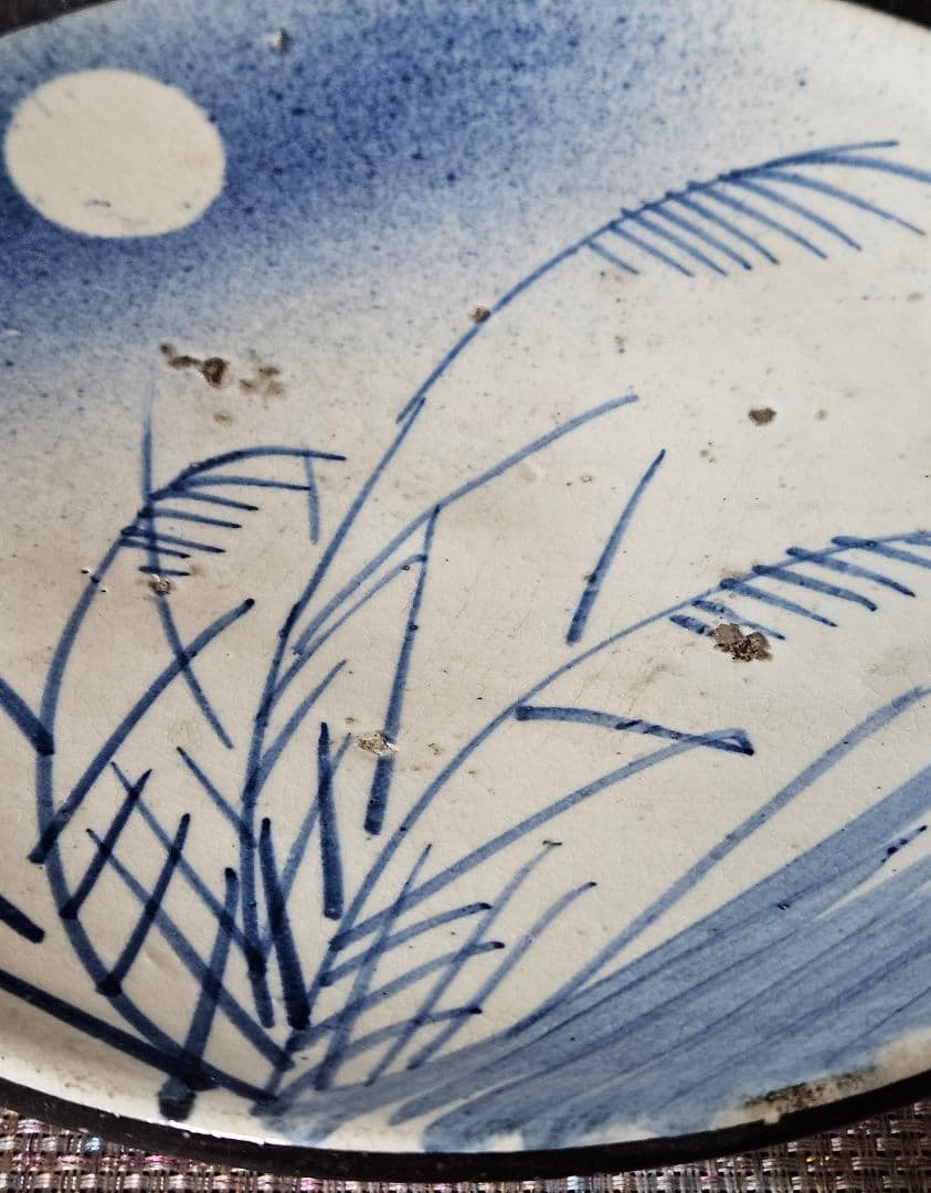 江戸時代末期〜明治時代初期　古瀬戸　呉須絵付　吹墨技法　月にすすき図　石皿　絵皿