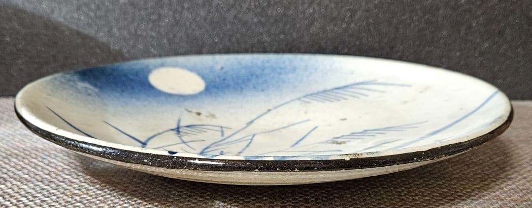 江戸時代末期〜明治時代初期　古瀬戸　呉須絵付　吹墨技法　月にすすき図　石皿　絵皿