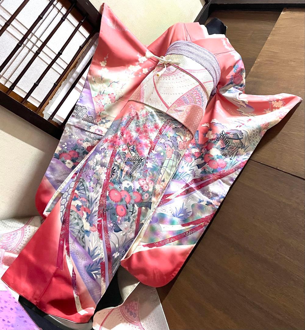 振袖 フルセット6点サイズM〜Ｌ駒刺繍　御所車花文　暈し染め　金彩正絹