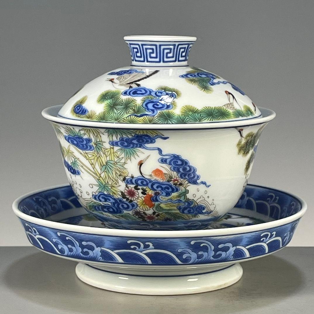 中国茶器 景德鎮 五色松鶴献寿図三才蓋碗 茶碗 新品未使用
