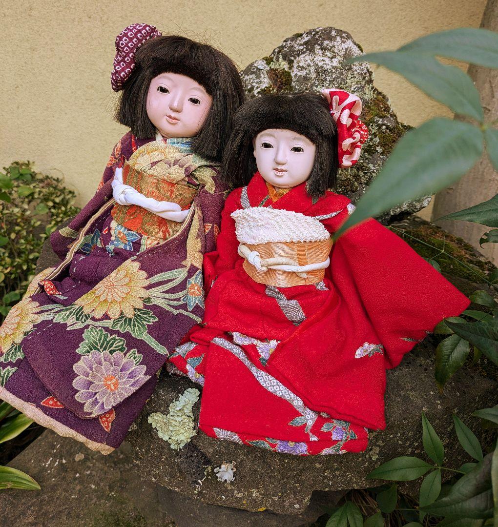 2*r様 昭和初期　正絹縮緬　市松人形 ２体 伝統工芸品 紫 赤　ビスクドール