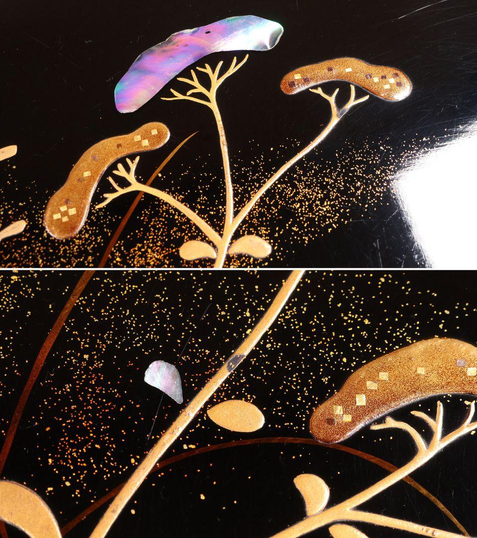 古い膳 螺鈿 流水草花 金銀蒔絵 四方膳 卓上 五客 根来 黒 木製 CM388