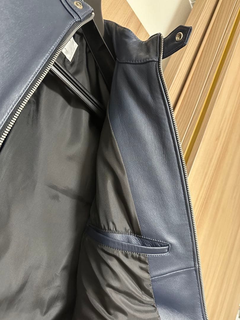 ネイビー シングルライダースジャケット L 革ジャン