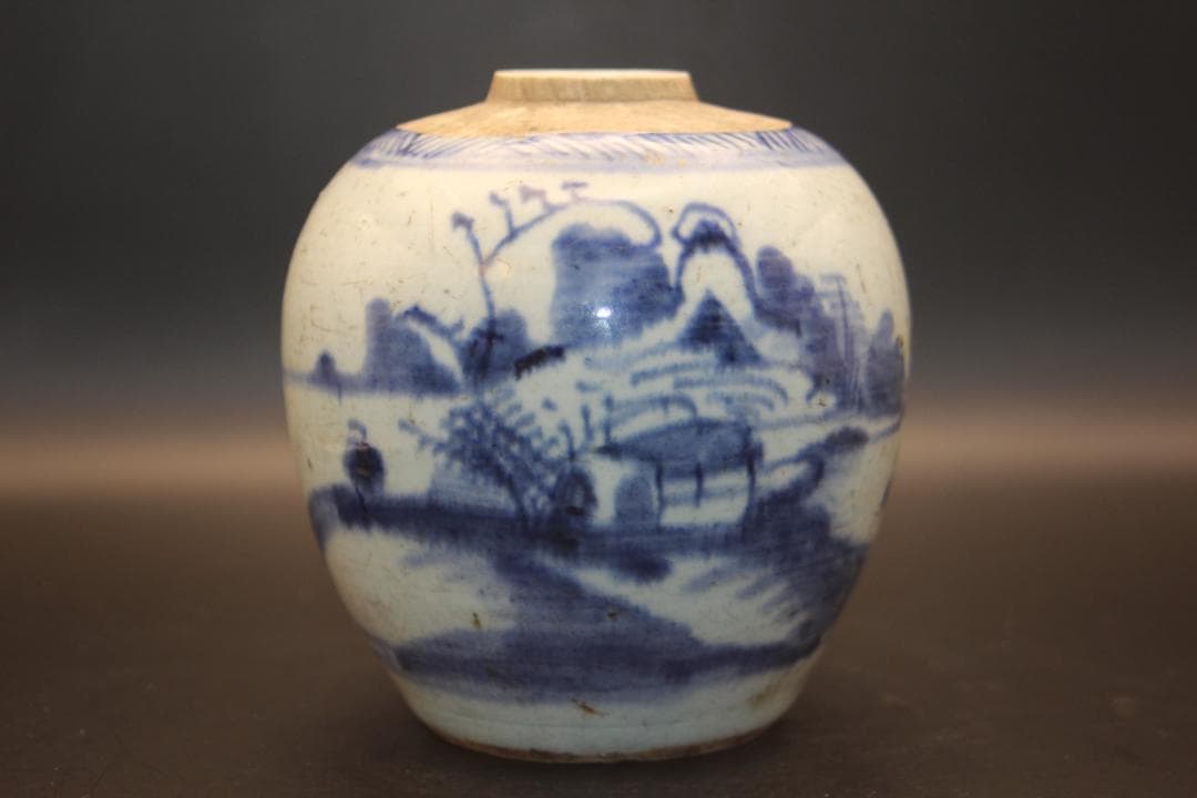 【海】古染付　清中期　人物山水絵小壺　本物保証！　骨董品 時代品 美術品