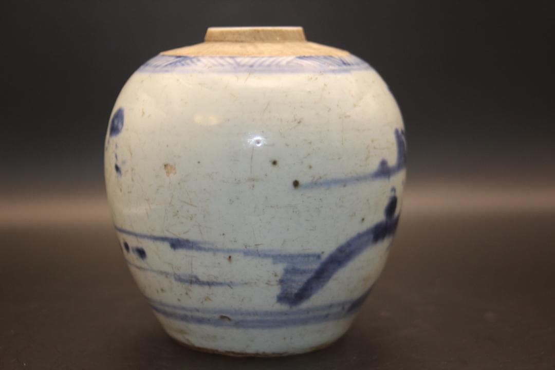 【海】古染付　清中期　人物山水絵小壺　本物保証！　骨董品 時代品 美術品