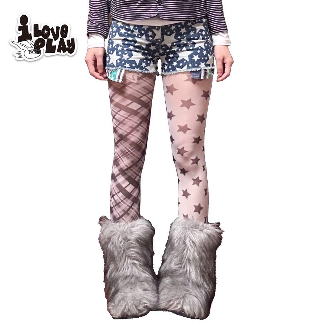 逃跑乐园loveplayshop y2kチェック柄星　タイツ　ブラック