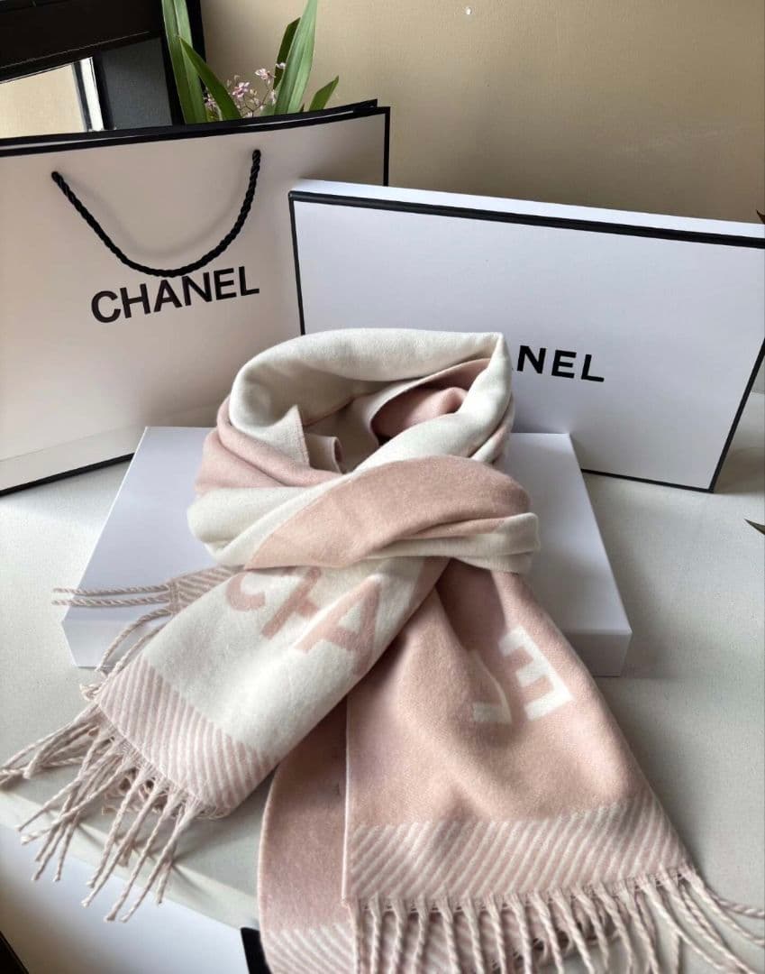 CHANEL ウール スカーフ ピンク×ホワイト 184x34cm