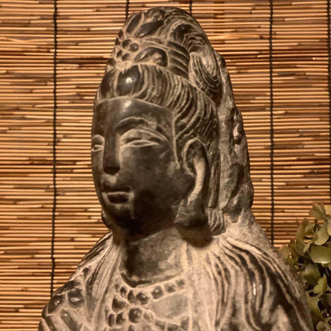 中国魏國「大魏・菩薩立像」南北朝時代・北斎・北魏様式・黒曜石・年号刻字彫