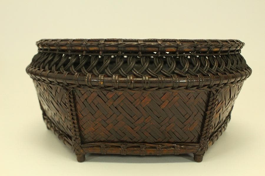 茶道具 竹編 時代 炭斗 美品(A820)