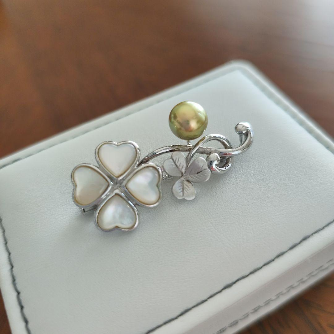 パール　ピスタチオパール　天然シェル　ブローチ　シルバー製