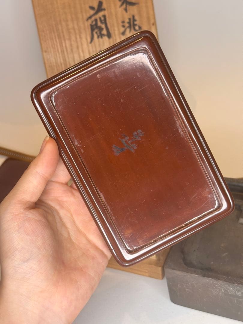 希少 宋時代 緑石 蘭亭硯 四面彫刻 稀少品 蓋・台座・共箱付