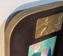 【真作】絵画　油彩SM　二輪のバラ　レリーフ付き装飾フレーム　小品　X70