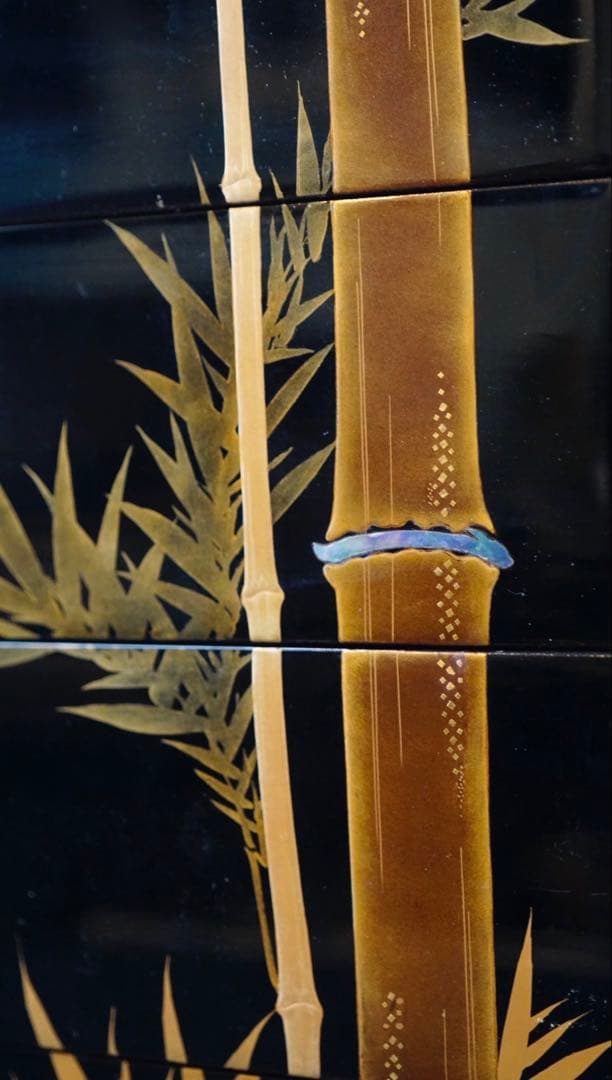 時代 竹梅蒔絵 家紋 内梨地 五段重箱 二枚蓋 螺鈿細工 青貝 木製 / 輪島塗