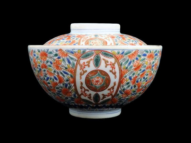 古伊万里　色絵　花繋ぎの図　蓋茶碗　江戸期　CZu