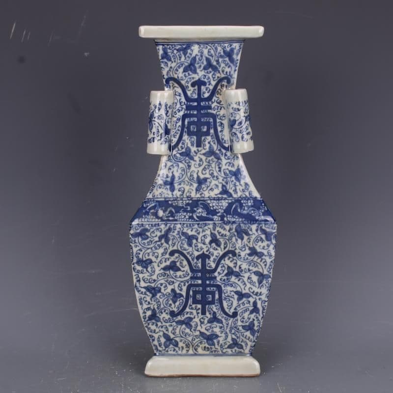 清康煕青花模様福寿三角瓶 景徳鎮 陶磁器 装飾品 現代工芸品 美術品 置物