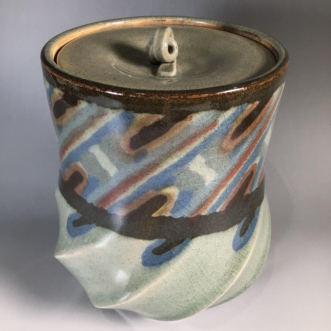 Ｎ１６５　水指　『明神窯　岡本高始造』『練上水指』　共箱　茶道具