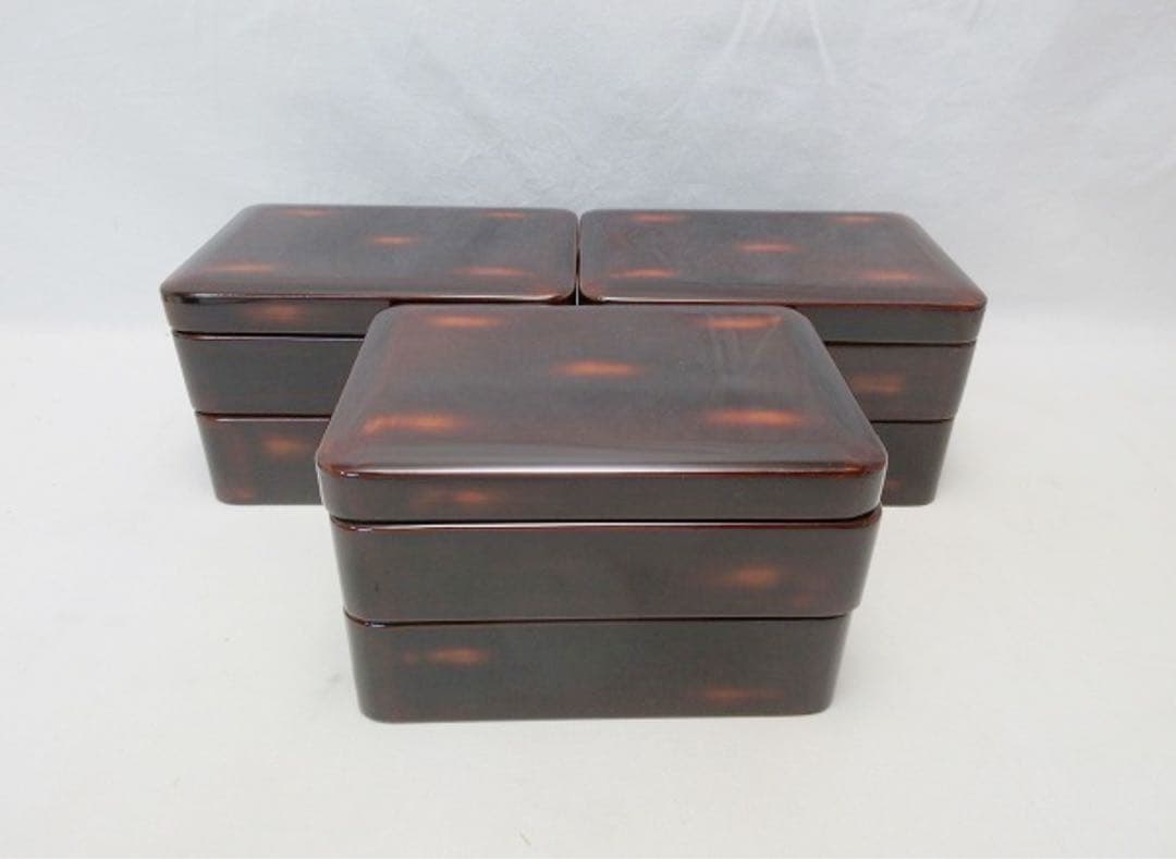 美品 茶道具 木製漆器 二段弁当箱 3客組 内朱 仕切り付 小料理 和食器