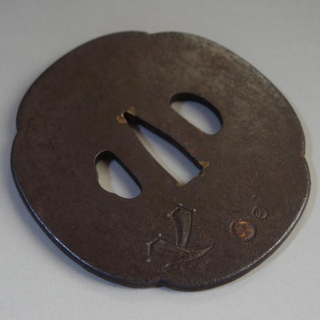 【 大黒天図鍔 】 鍔 鐔 鉄地 象嵌 刀装具 武具 骨董 アンティーク