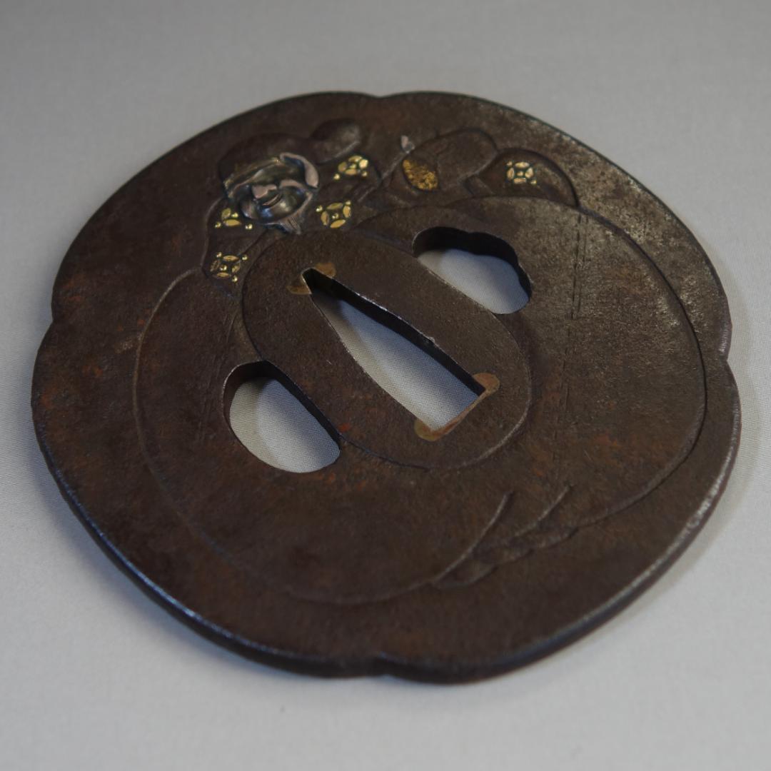 【 大黒天図鍔 】 鍔 鐔 鉄地 象嵌 刀装具 武具 骨董 アンティーク