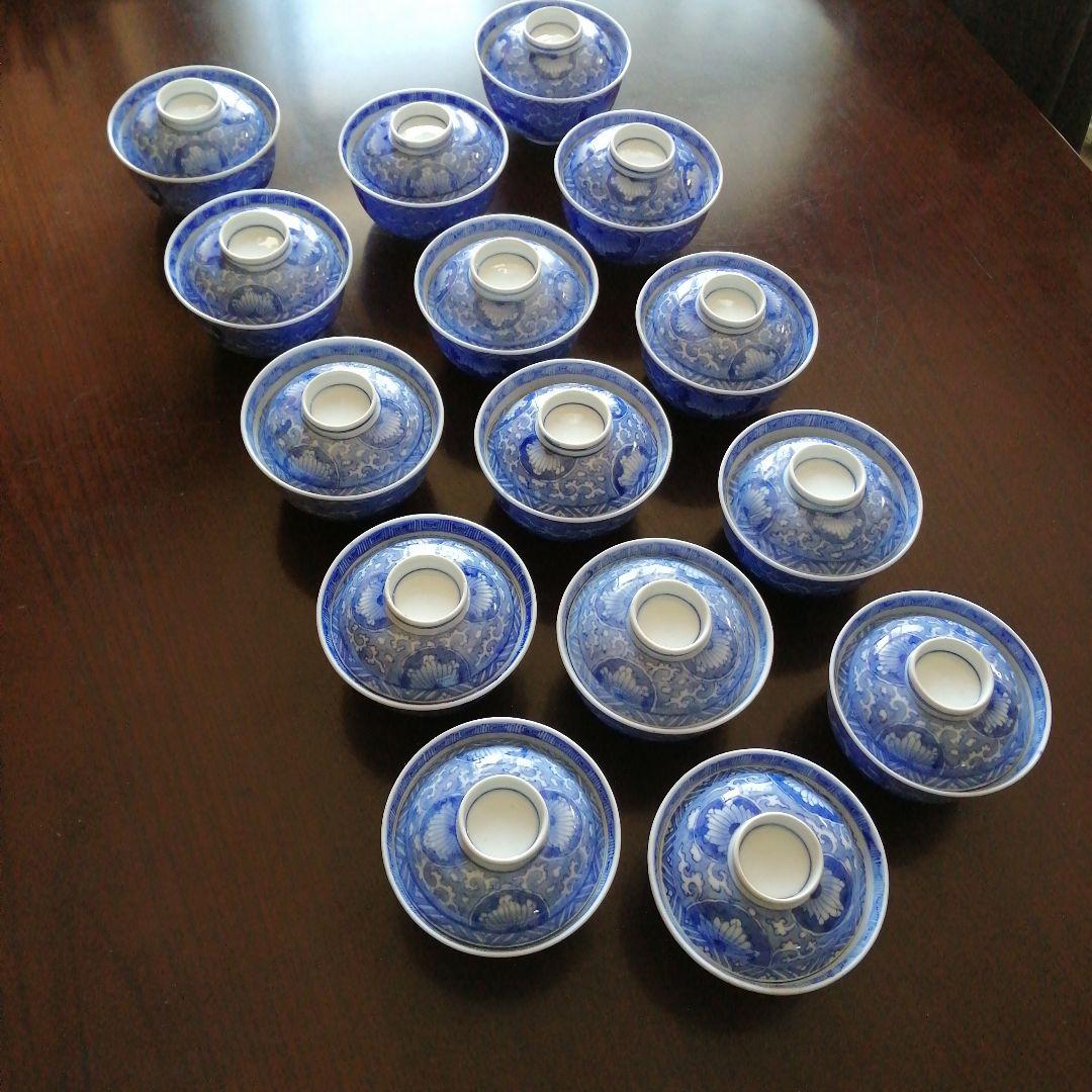 古伊万里　染付総模様蓋付碗　15客　10.8cm　江戸後期