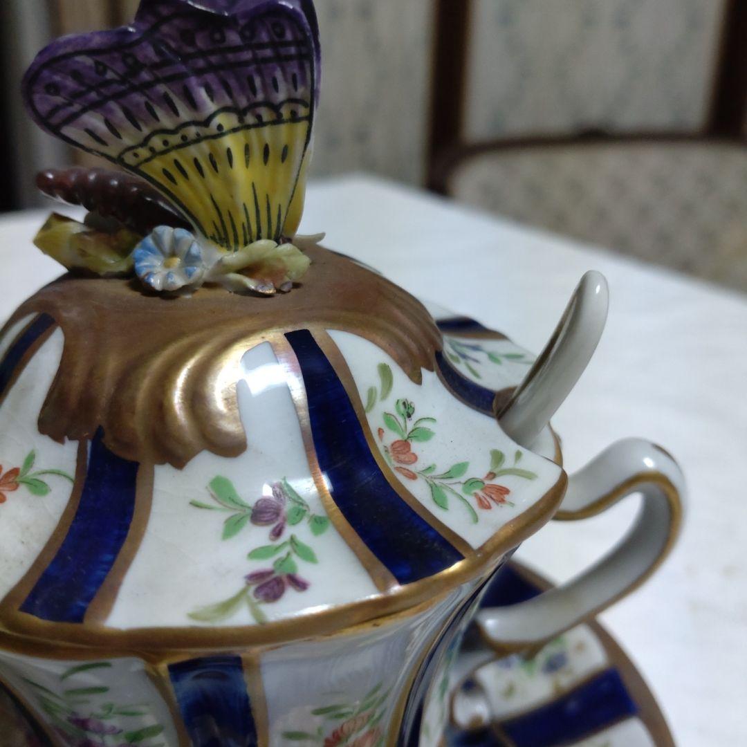 ビンテージイタリー製手描き花柄バタフライの取っ手装飾のシュガーポット