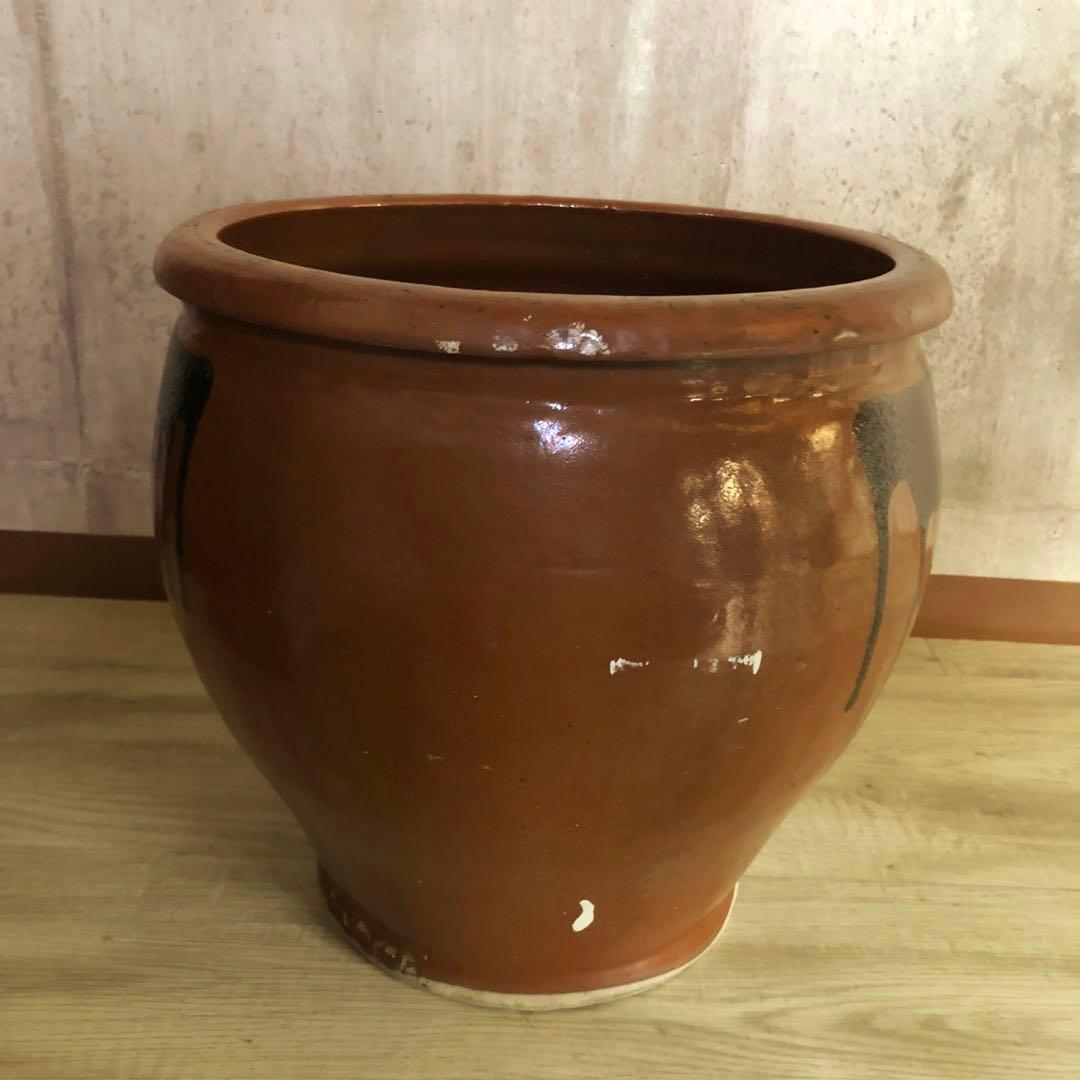 希少大型水甕かめつぼ漬物梅干し壺34cm水鉢睡蓮鉢陶器焼き物ビンテージ当時物