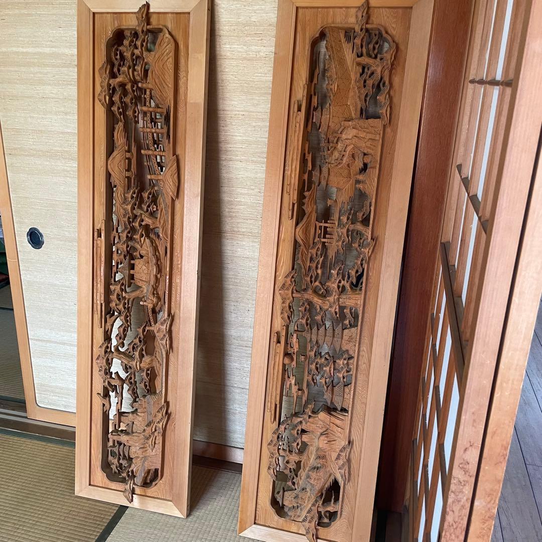 欄間 箱根寄木細工 木製彫刻 アンティーク 2枚他