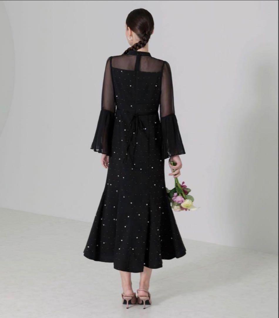 【美品】LEJAパールビジュープリーツフレアスリーブマーメイドワンピースドレス