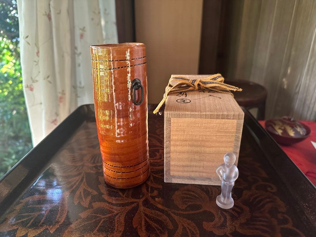 2155様感謝‼️KUTANI飴色人間国宝十代長左衛門未使用飴釉筒形掛花入桐箱