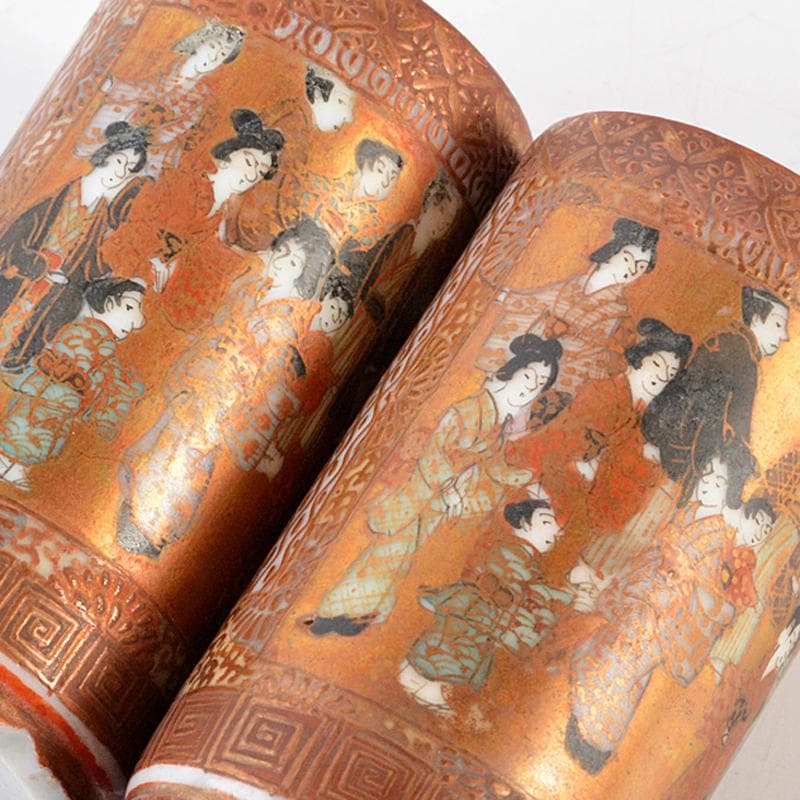 九谷焼　古九谷　日本村顕　色絵金彩　山水人物文　茶巾筒　一對　F　R6033