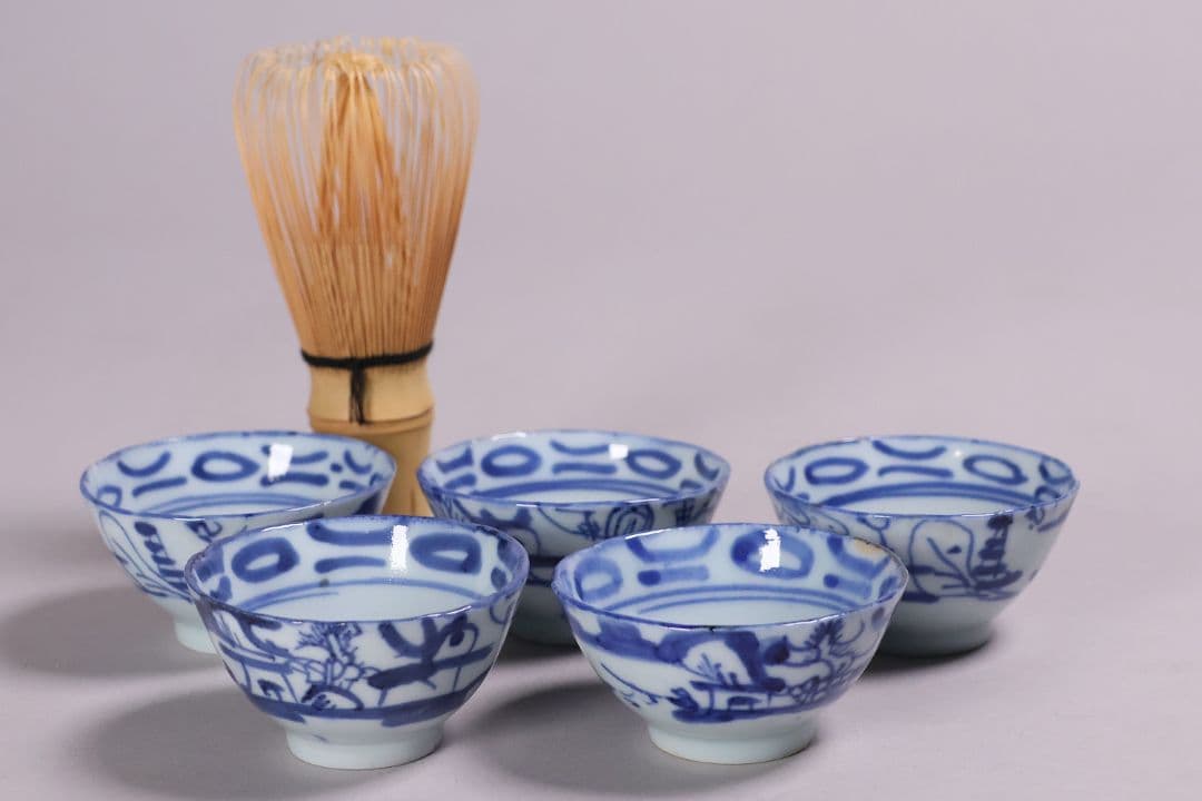 中国 染付 煎茶椀 五客 山水 鳥図 茶器 陶磁器 【MA581】