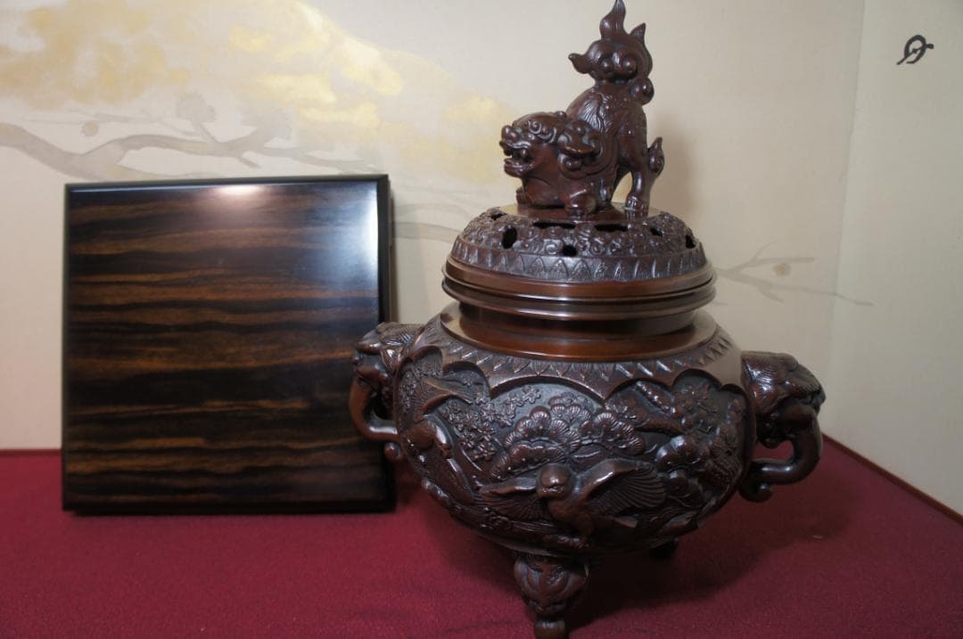 専用★美品 高岡銅器 瑞峰作 新特大 花鳥 高級銅製香炉工芸作家造 送料込み