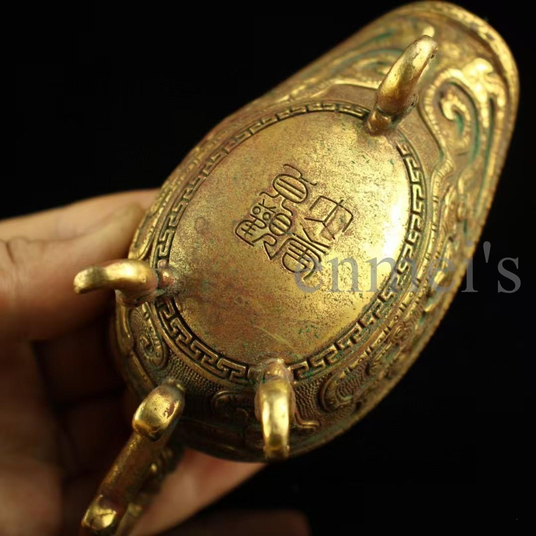 中国古美術・珍蔵純銅製・鎏金酒杯・高浮彫船型三足酒具・茶道具・酒器・風水置物