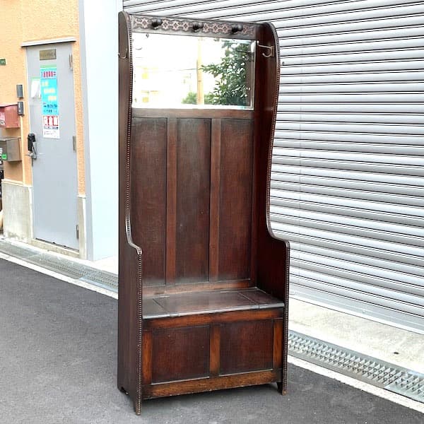 イギリスアンティーク　ホールスタンド　ベンチ・ミラー付き　玄関用ハンガー