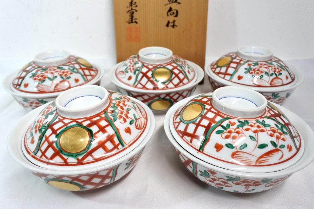 未使用 人間国宝 加藤卓男 幸兵衛窯 呉須赤絵蓋向付 5客揃