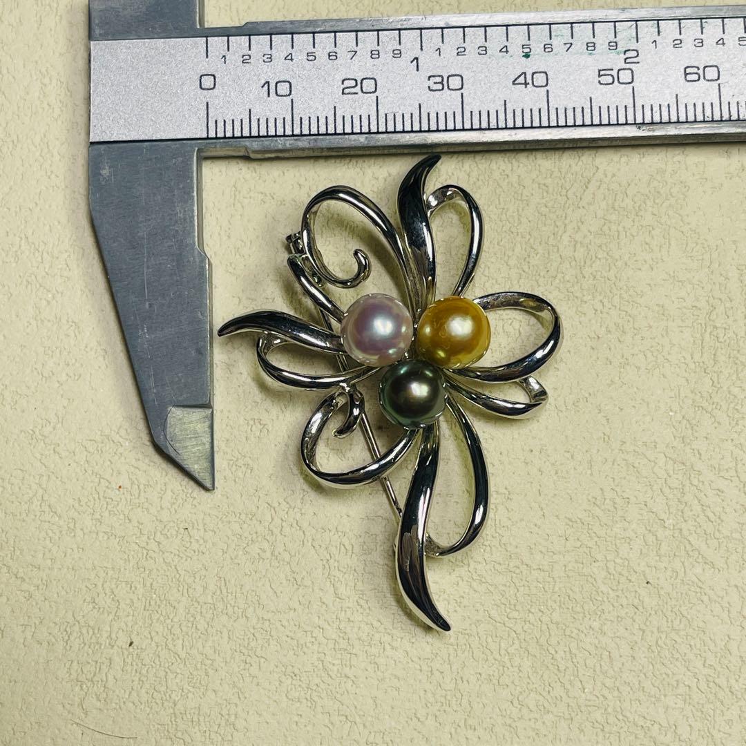 天女 あこやパール　本真珠 ブローチ オーロラ 黒蝶 ゴールドパール　本物8mm