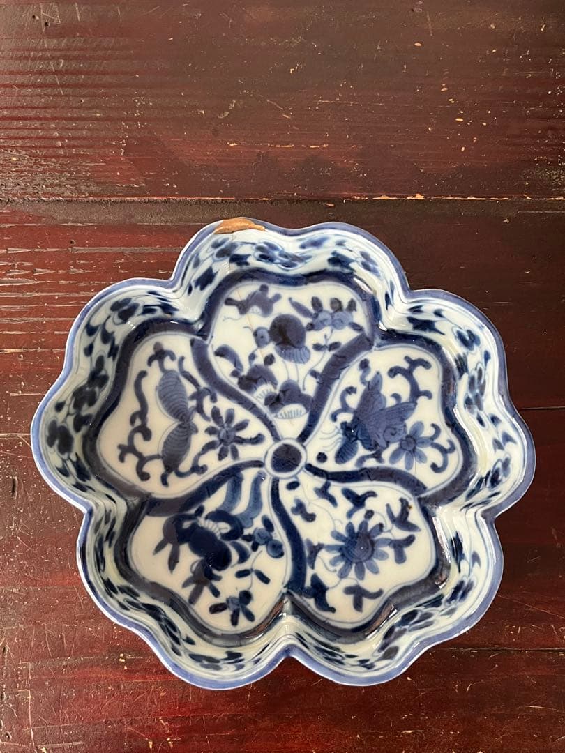 希少注文品　清朝期新渡　青花染付　輪花形捻り花　蝶虫　中国古玩　変形向付菓子鉢