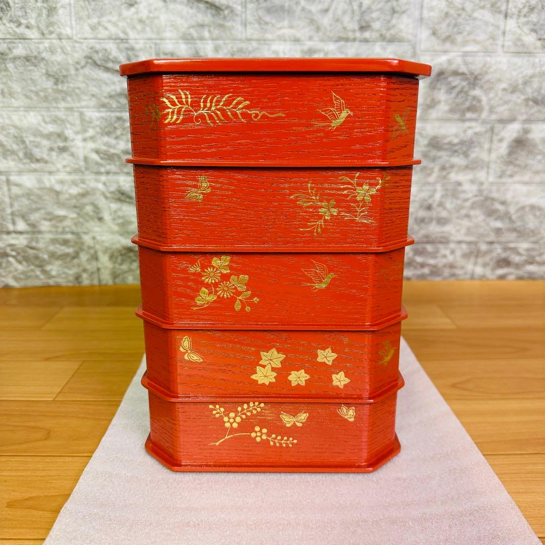 【茶道具　菓子器】縁高重　漆塗り　花鳥　中村湖彩作　5客