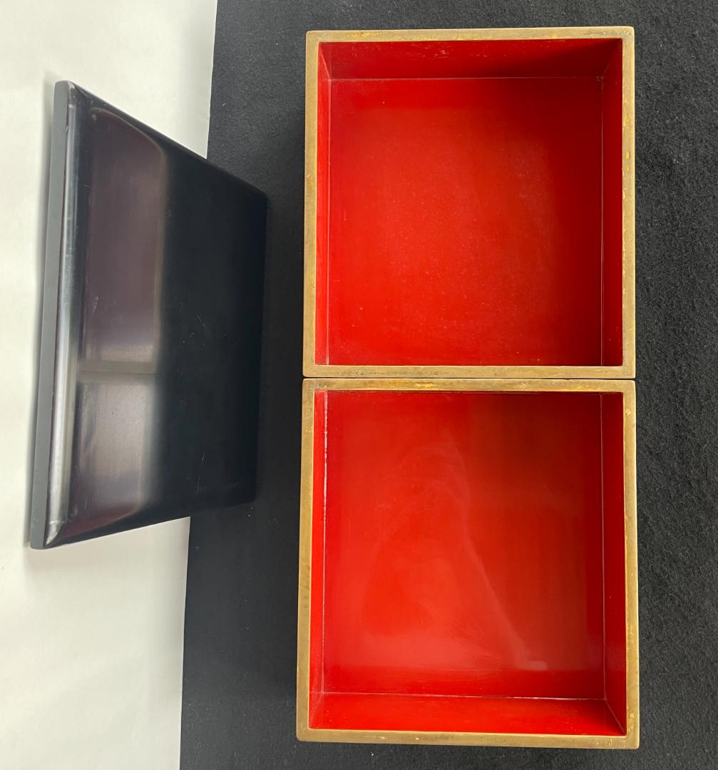 天然木 溜無地 五段重 蓋二枚 内朱塗 重箱 木箱入 木製 漆器 漆芸 骨董