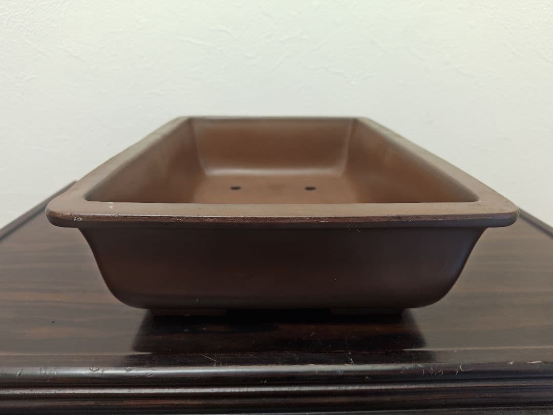 ブラウン 中型陶器盆栽鉢 長方形　落款　亀岡