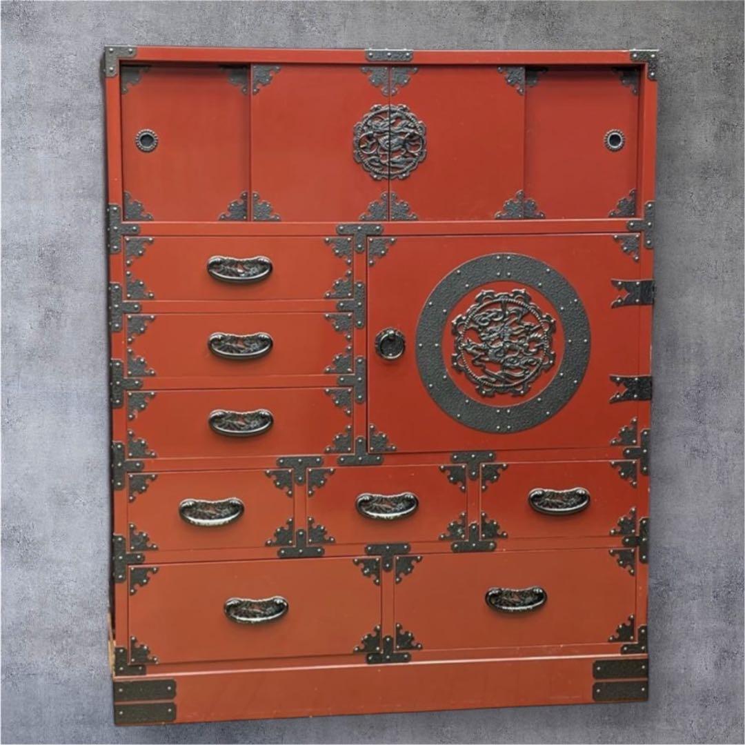 あべちゃん仙台箪笥　赤木肌木地呂漆塗り 彫金手打金具　高級　民芸家具