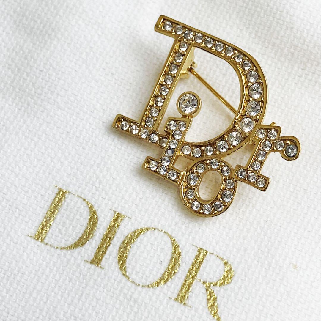美品　クリスチャン　ディオール　ブローチ　ブランドロゴ　ラインストーン　ゴールド