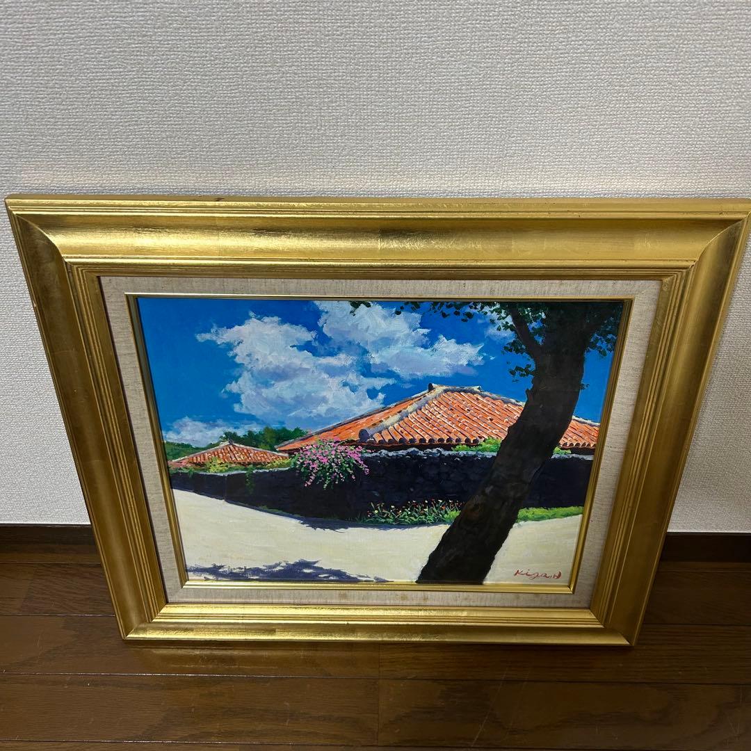 【真作】 比嘉英男 油彩画　8号　群青　沖縄の風景