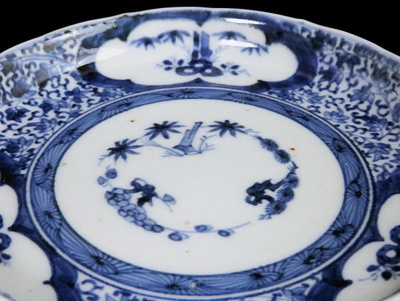 古伊万里　染付 窓絵　松竹梅に萩唐草の図　５寸半皿　291AS-CWt