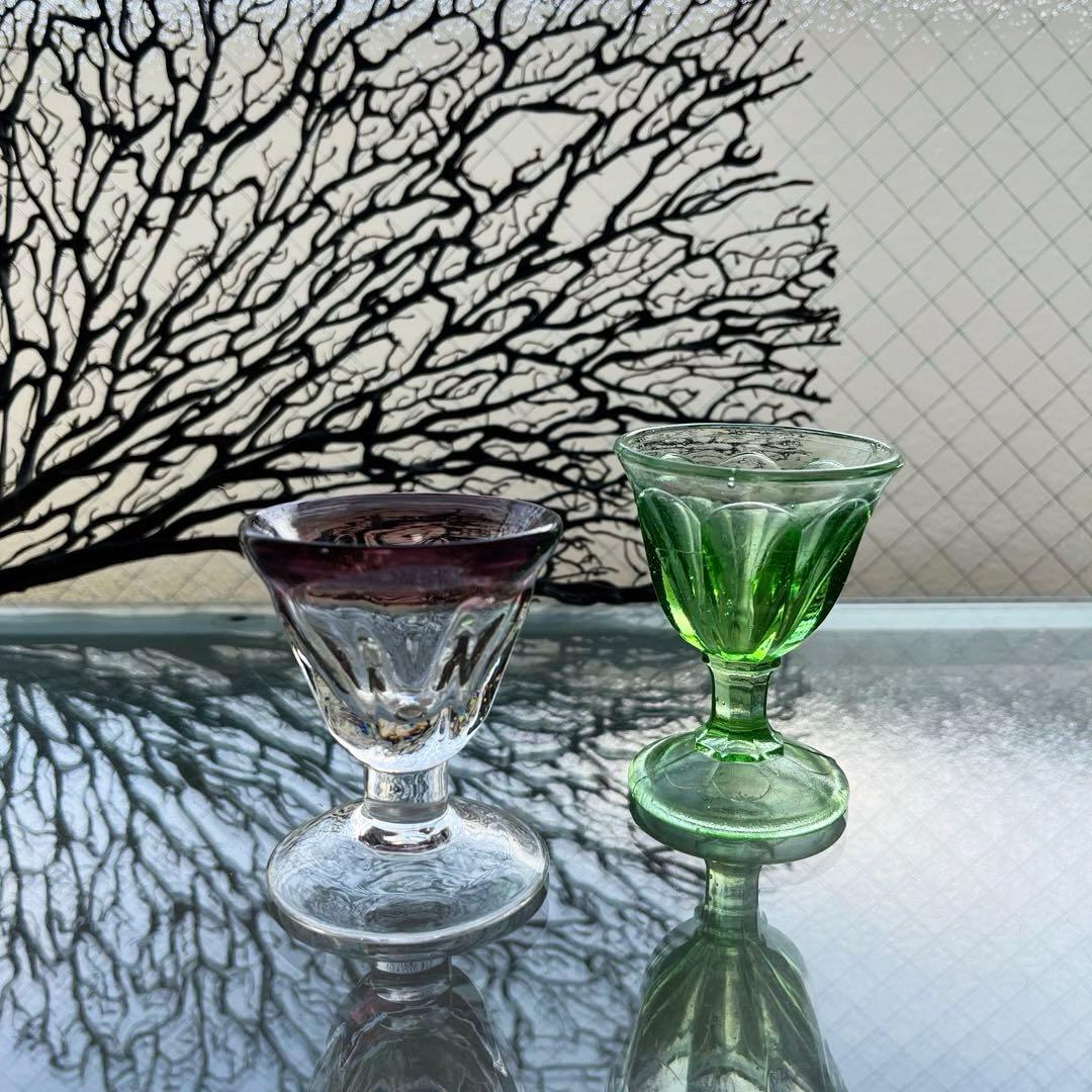 骨董　時代ガラス　吹きガラス　臙脂色リップ　アイスクリームグラス　氷コップ１客