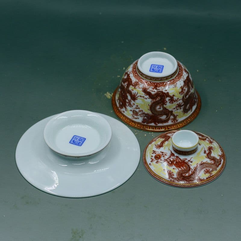 中国茶器 紅竜三才蓋碗 茶碗 湯飲み煎茶器 新品未使用