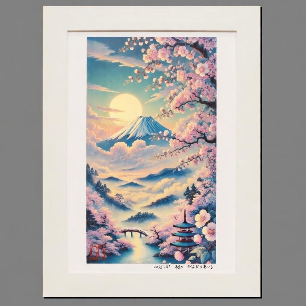 ●【いまを感じる AIアート】桜富士山日本20枚限定A4額●がんどうあつし制作