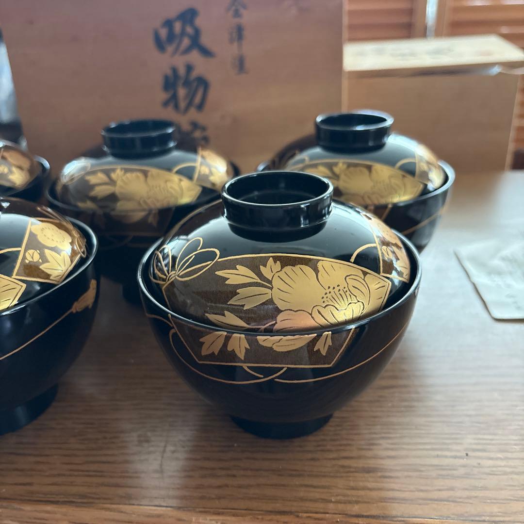会津塗　蓋付き御吸物椀　5客揃　木箱入り